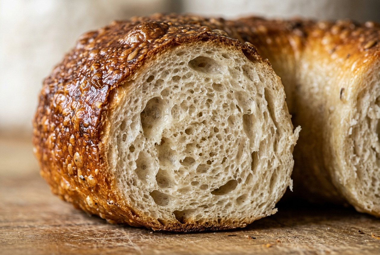 Cross-section of a bagel showing a dense chewy crumb and glossy crust