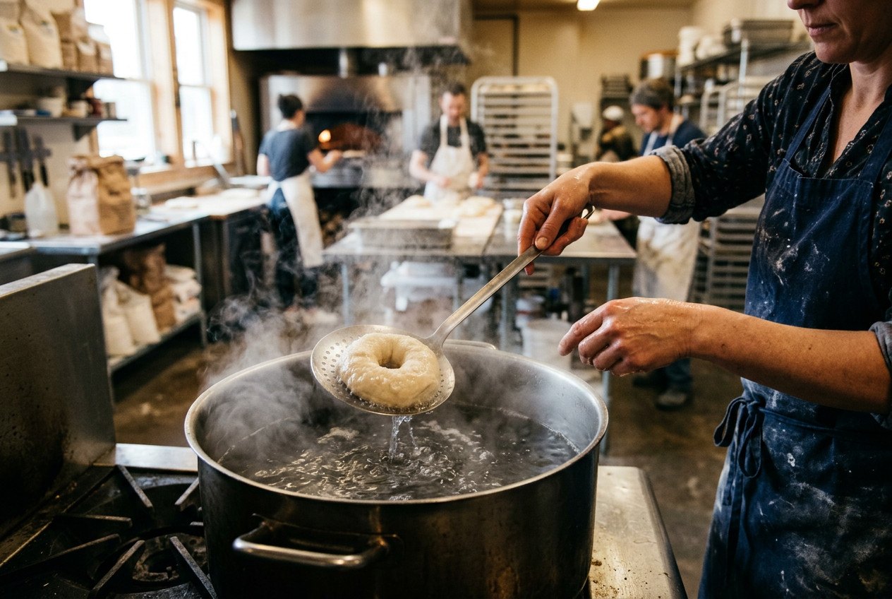 A baker lifting a bagel from the boiling malt kettle with a skimmer