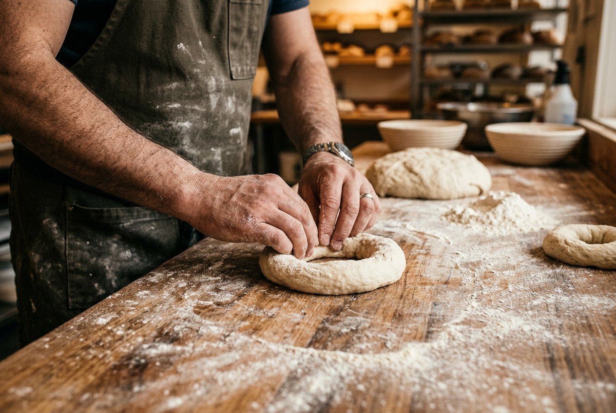 A baker hand-rolling bagel dough into a ring on a floured bench