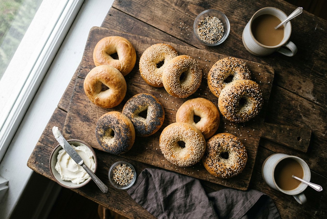 An assortment of bagel varieties on a wooden board
